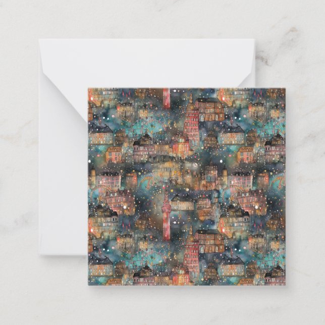 Cartão De Notas Londres no Natal e Ano Novo em Aquarelas (Frente)