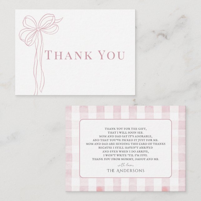 Cartão De Notas Long Pink Bow Ribbon Girl Baby Shower Thank You (Frente/Verso)