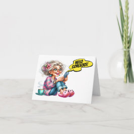 Cartão De Notas Mais velho divertido com café e telefone celular