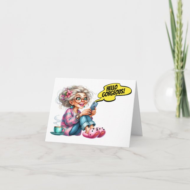 Cartão De Notas Mais velho divertido com café e telefone celular (Frente)