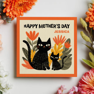 Cartão De Notas Mamãe Gata Preta & Gatinho Floral Feliz Dia das Mã
