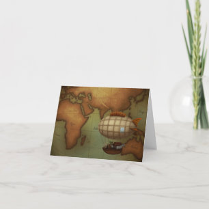 Cartão De Notas Mapa do hemisfério oriental com nave voando sobre 