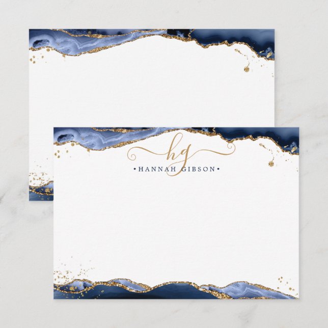 Cartão De Notas Marinho Azul Agate Monograma Rico Script Dourado G (Frente/Verso)