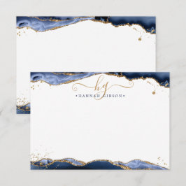 Cartão De Notas Marinho Azul Agate Monograma Rico Script Dourado G