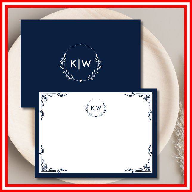 Cartão De Notas Marinho azul e branco | Monograma de Iniciais Mode (Navy Blue and White | Modern Initials Monogram Note Card)