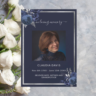 Cartão De Notas Marinho azul floral, foto-funeral prateada
