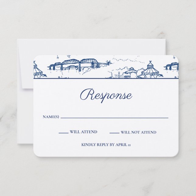 Cartão De Notas Marinho de Toile Chattanooga e RSVP Branco (Frente)