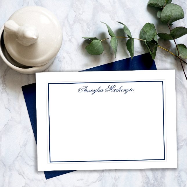 Cartão De Notas Marinho elegante, azul e branco, personalizado (Elegant Navy Blue and White Personalized Note Cards)