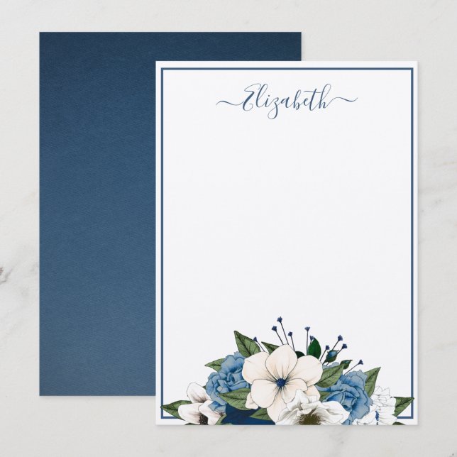 Cartão De Notas Marinho Elegante e Floral Azul Dusty Personalizado (Frente/Verso)