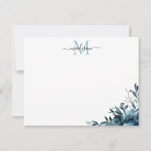 Cartão De Notas Marinho Floral Azul Rosa de Aquarela Monograma