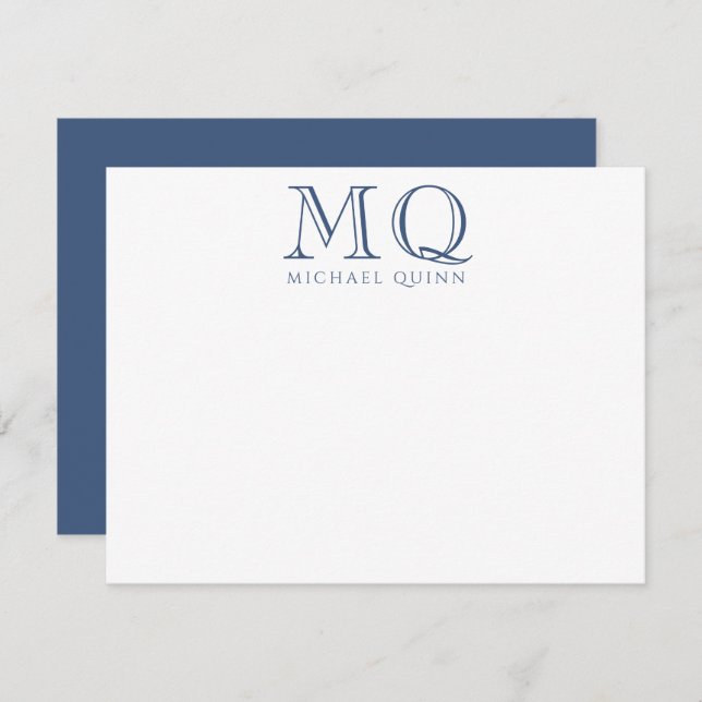 Cartão De Notas Marinho Masculino Blue Initials Nome Monograma (Frente/Verso)