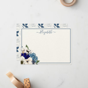 Cartão De Notas Marinho sofisticado Azul Dusty Floral Personalizad