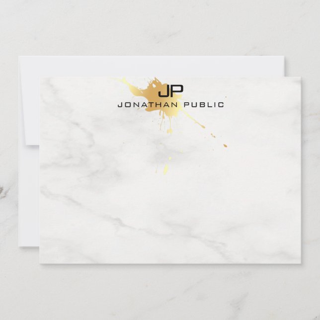 Cartão De Notas Mármore branco Modelo, monograma, Dourado (Frente)