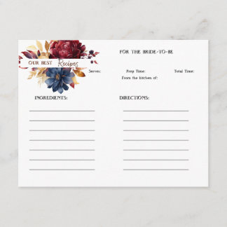 Cartão De Notas Maroon and Navy Floral Recipe Card