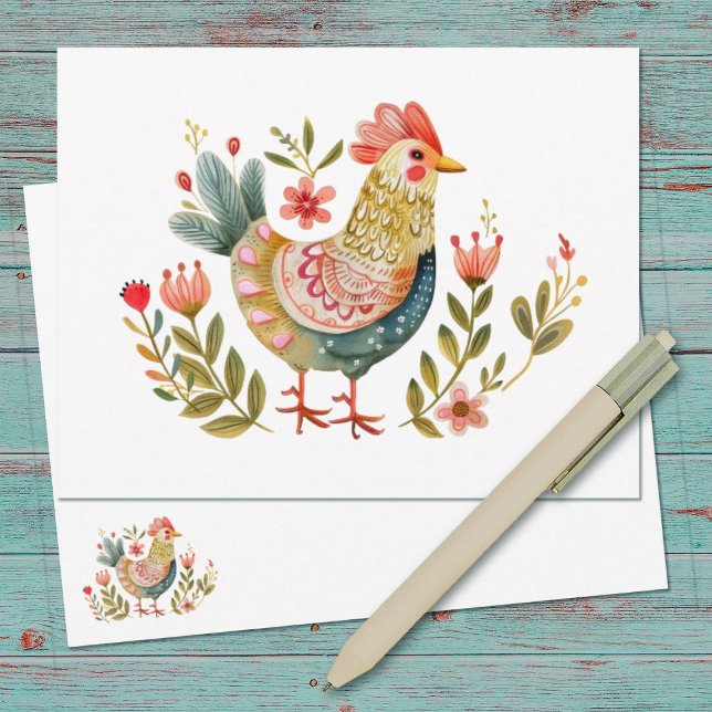 Cartão De Notas Material de Arte Folclórica em Frango Aquoso (A pretty farmhouse watercolor folk art chicken notecard)
