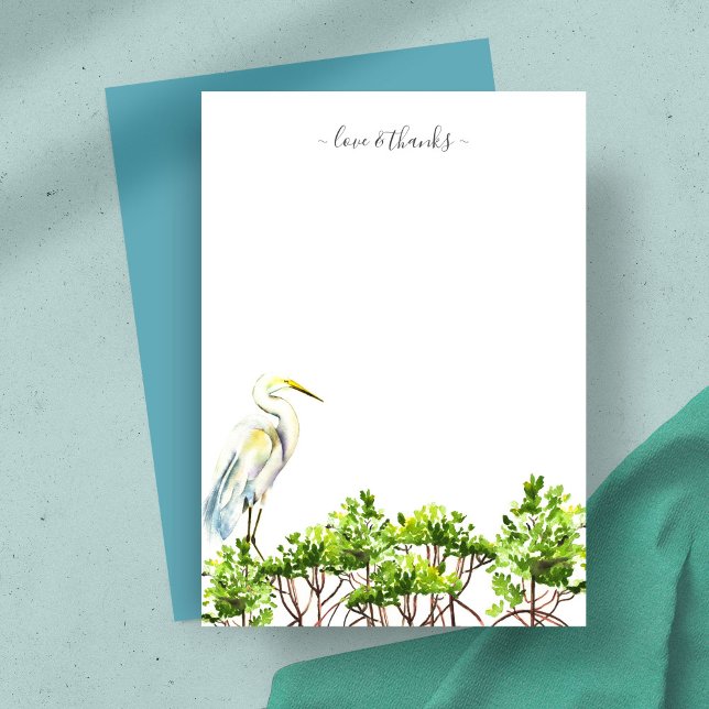 Cartão De Notas Material Personalizado para aves tropicais de aqua (Thank you card features tropical watercolor art by Victoria Grigaliunas great white heron mangroves)