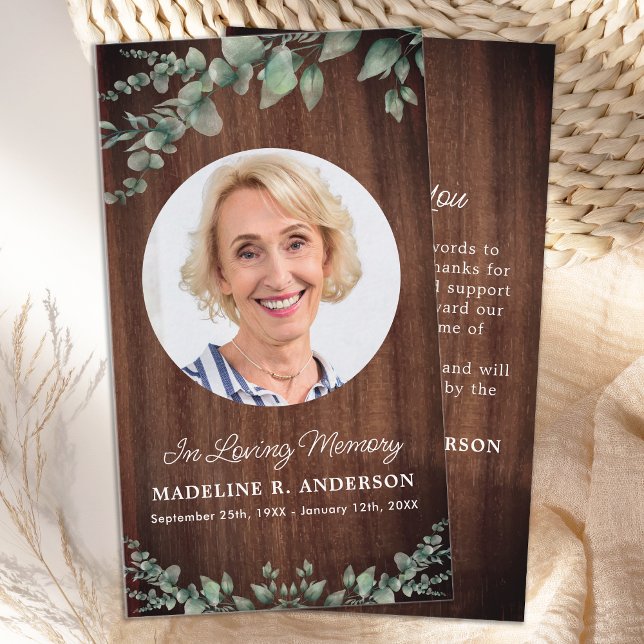 Cartão De Notas Memorial Rustic Eucalyptus Foto Funeral Obrigado (Criador carregado)