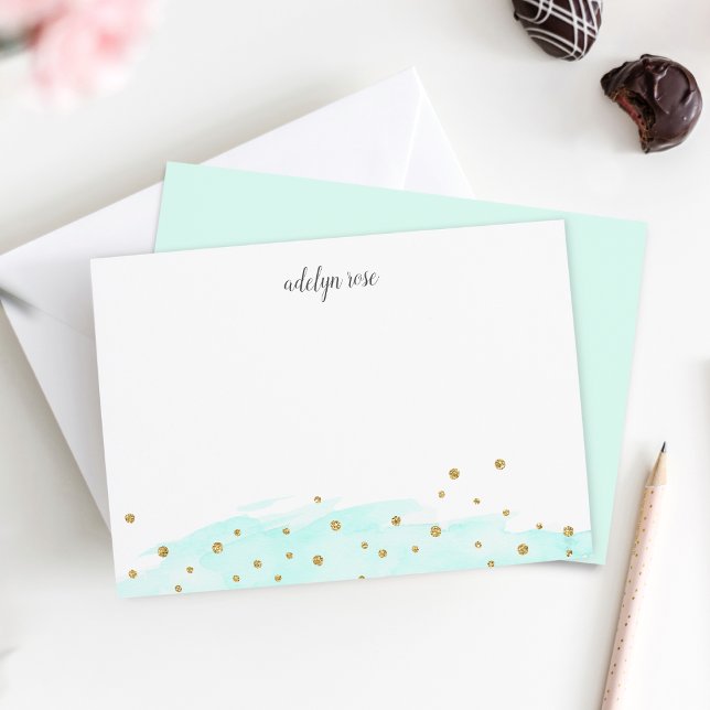 Cartão De Notas Menta | Confetti Pop Personalizado Stationery Flat (Criador carregado)