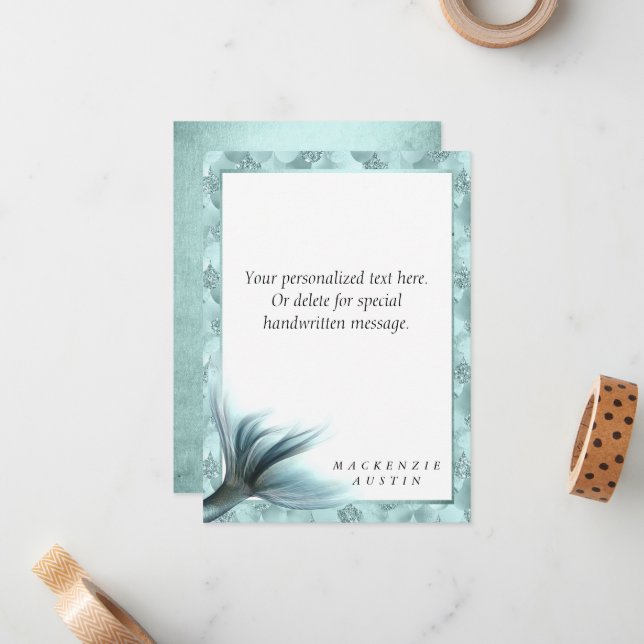 Cartão De Notas Mermaid Luxe Tail | Seafoam Mint Green Aqua Custom (Frente/Verso In Situ)