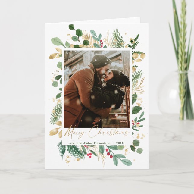 Cartão De Notas Merry Christmas aquarela verde-dourado vermelho ho (Frente)