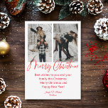 Cartão De Notas merry christmas red calligraphy 2 photos collage<br><div class="desc">merry christmas chic redcalligraphy two  photos holiday collage  card, custom.</div>