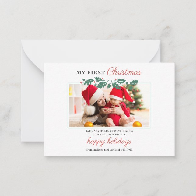 Cartão De Notas Meu Primeiro Natal Feriado em Foto do Bebê (Frente)
