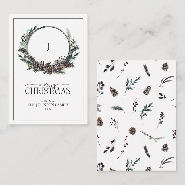 Cartão De Notas Mini Black Monograma Wreath de inverno Feliz Natal (Frente/Verso)