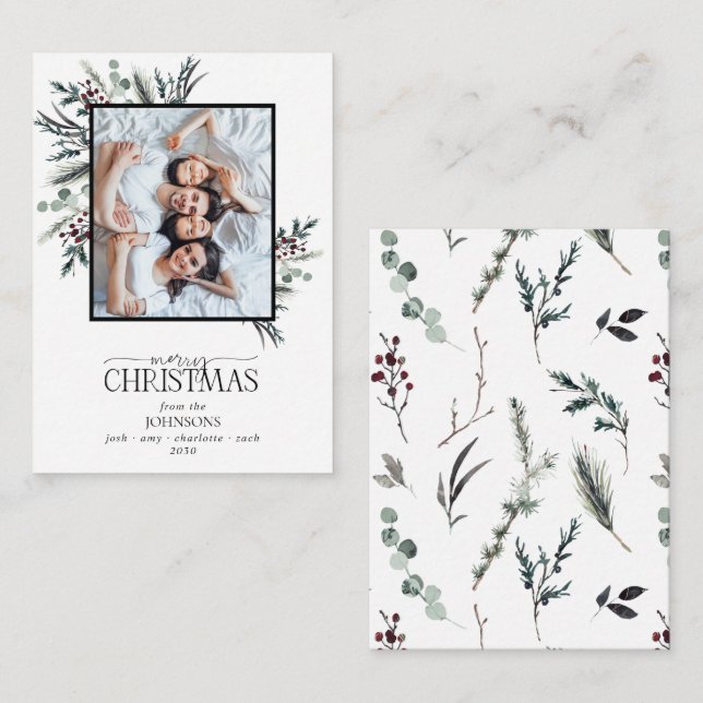 Cartão De Notas Mini Black Winter Botanical Photo Feliz Natal (Frente/Verso)