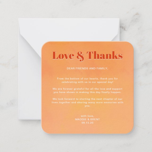 Cartão De Notas Mini Bold Orange Sunset Monogram Wedding Thank You (Frente)