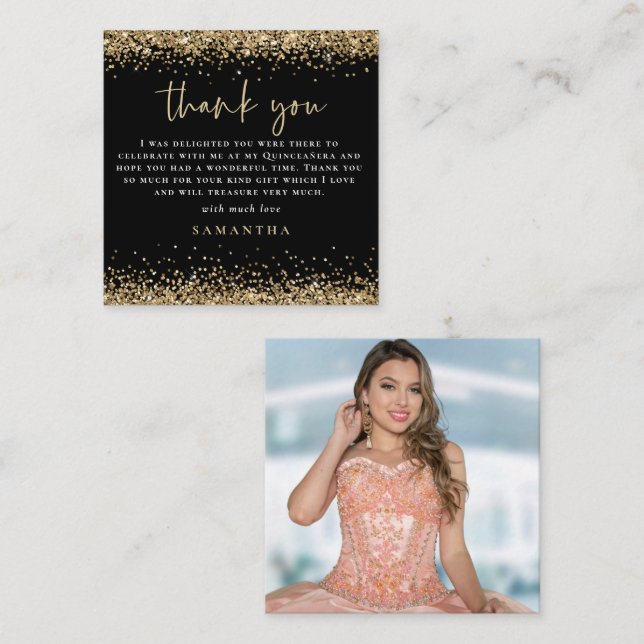 Cartão De Notas MINI Dourado Glitter Foto Quinceañera Obrigados Pr (Frente/Verso)