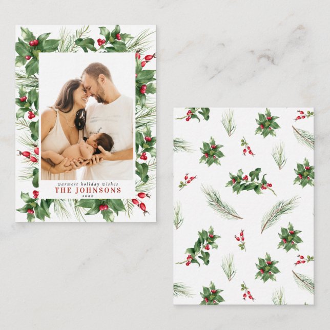 Cartão De Notas Mini Foto Moderna Holly Berry Greenery Natal (Frente/Verso)