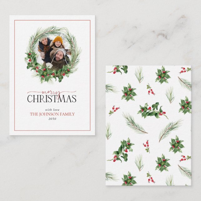 Cartão De Notas Mini Holly Berry Wreath Feliz Foto de Natal (Frente/Verso)