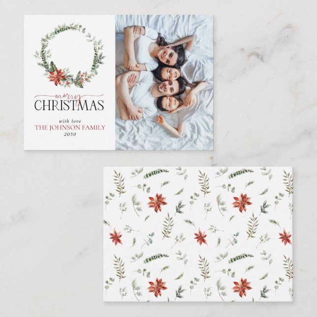 Cartão De Notas Mini Poinsettia Wreath Foto Feliz Natal (Frente/Verso)