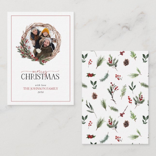 Cartão De Notas Mini Red Berry Photo Wreath Feliz Natal (Frente/Verso)