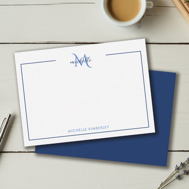 Cartão De Notas Minimal Navy Blue and White Monogram (Minimal Navy Blue and White Monogram Note Card)