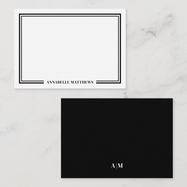 Cartão De Notas Minimalist Black White Two Border Monogram (Frente/Verso)