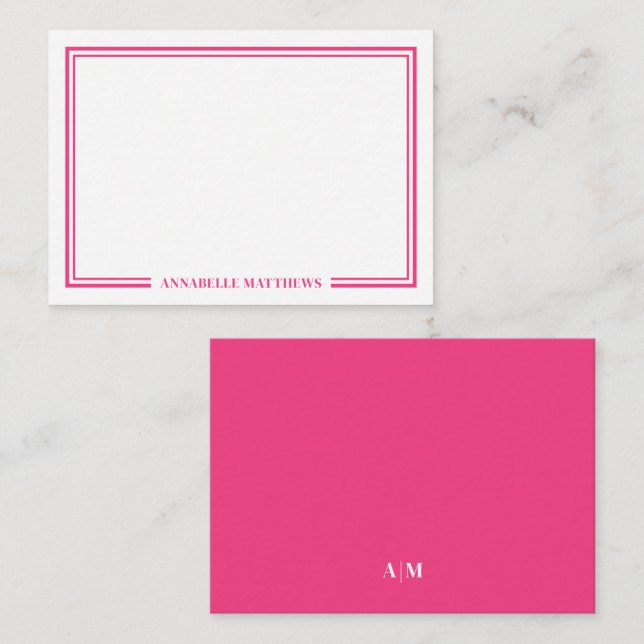 Cartão De Notas Minimalist Hot Pink Two Border Monogram (Frente/Verso)