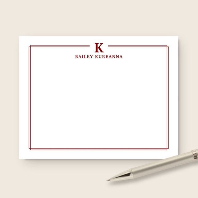 Cartão De Notas Minimalist Initial Dark Red Two Border Stationery (Criador carregado)