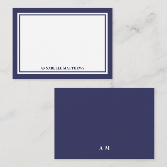 Cartão De Notas Minimalist Navy Blue Two Border Monogram (Frente/Verso)