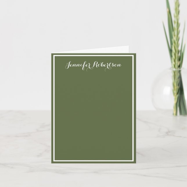 Cartão De Notas Minimalist Olive Green Elegant Script Custom name  (Frente)