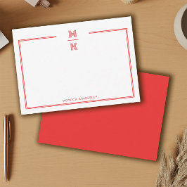 Cartão De Notas Minimalist Red Two Border Monogram Note Card