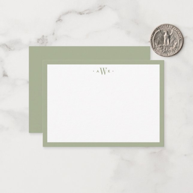 Cartão De Notas Minimalist Sage Green Border Modern Monogram (Frente/Verso In Situ)