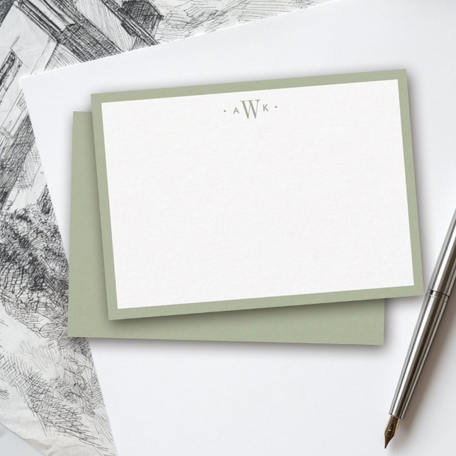 Cartão De Notas Minimalist Sage Green Border Modern Monogram (Criador carregado)