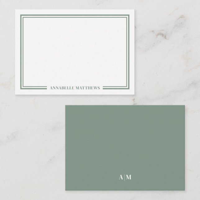 Cartão De Notas Minimalist Sage Green Two Border Monogram (Frente/Verso)