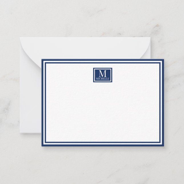 Cartão De Notas Minimalist Two Boarder Monogram Name Navy Blue (Frente)