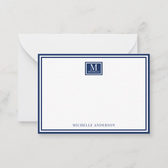 Cartão De Notas Minimalist Two Boarder Monogram Name Navy Blue (Frente)