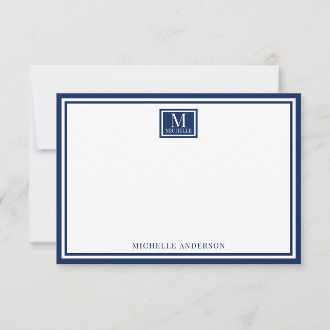 Cartão De Notas Minimalist Two Boarder Monogram Name Navy Blue (Frente)