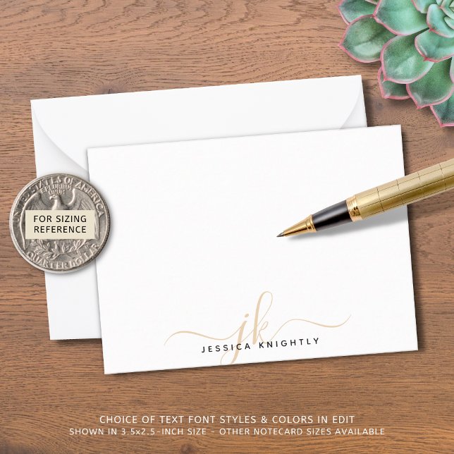 Cartão De Notas Mínimo de Iniciais de Monograma Dourado de Script  (Criador carregado)