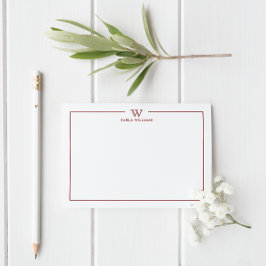 Cartão De Notas Mínimo de Monograma da Família Formal Vermelha Esc