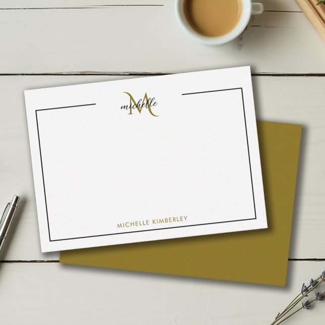 Cartão De Notas Mínimo de preto chico e monograma Dourado (Minimal Chic Black and Gold Monogram Note Card)
